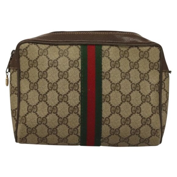 GUCCI GG Supreme Web Sherry Line Clutch Bag PVC Beige Gold Auth BA4384 - Picture 2 of 16